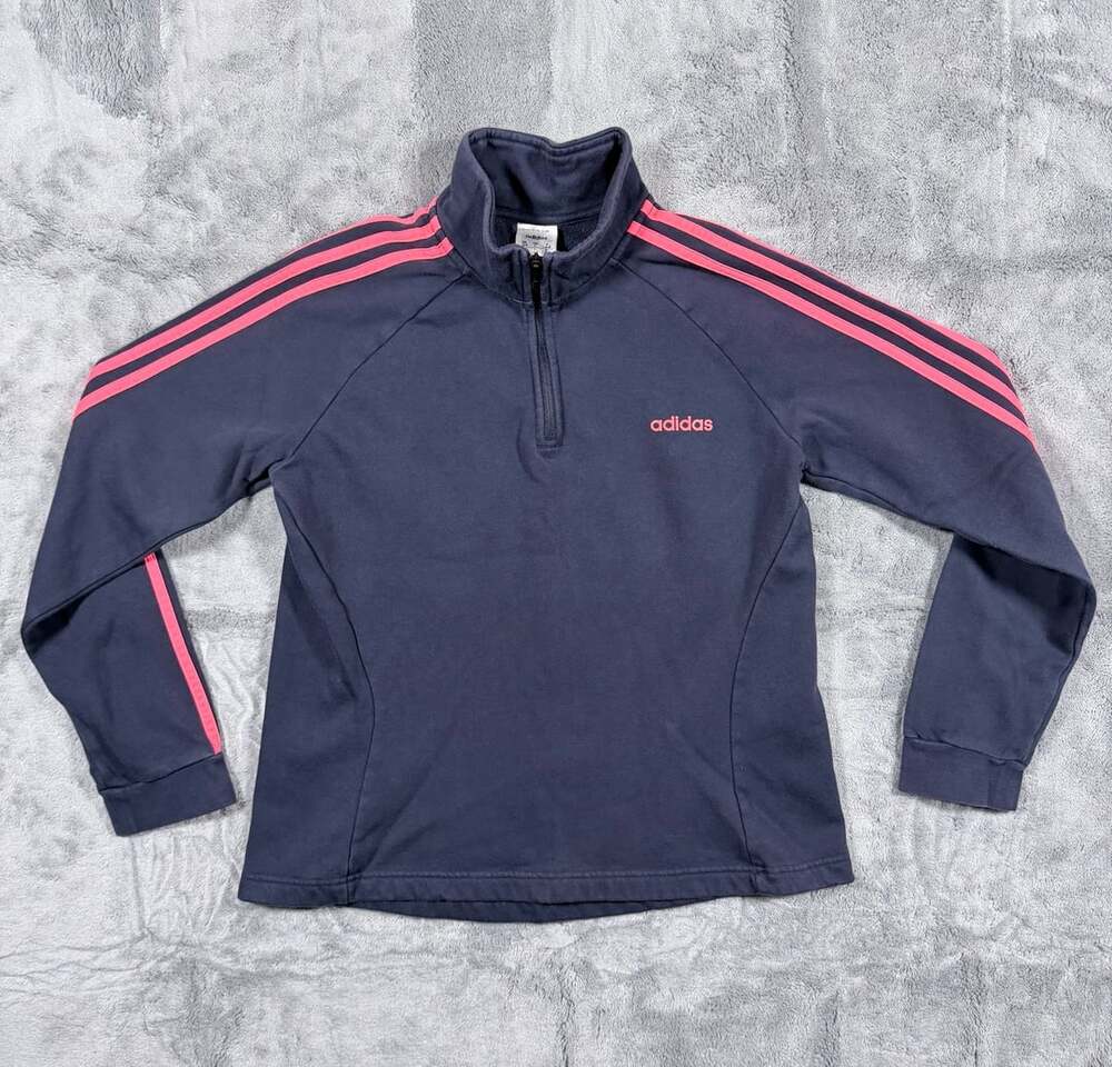 Adidas Quarter-Zip Size Large 3-Stripe Fleece Pullover Navy Pink
